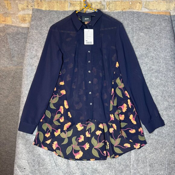 Anthropologie Tops - Maeve Anthropologie Navy Floral Long-Sleeve Tunic Shirt Silk